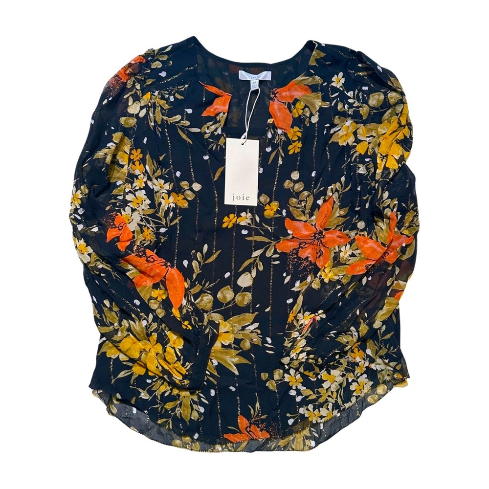 *NWT* Joie “ALBANY B” Silk Navy Blue Floral Top with Gold Stitching Women’s XS
